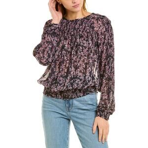 RAG & BONE Celeste Floral Viscose Sheer Smocked Blouse Black/Pink Size L